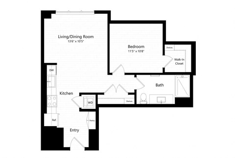 Floor plan for 1 bed, 1 bath, 665 sqft